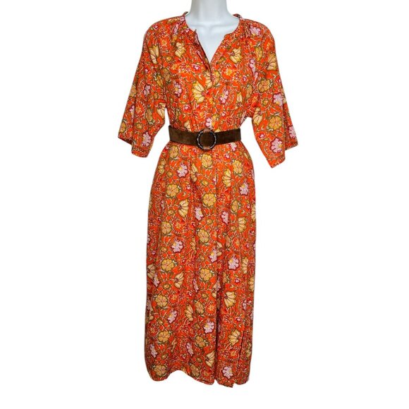 DRA Los Angeles Anthropologie Block Print Shirt Dress Orange Floral Medium - Picture 1 of 11